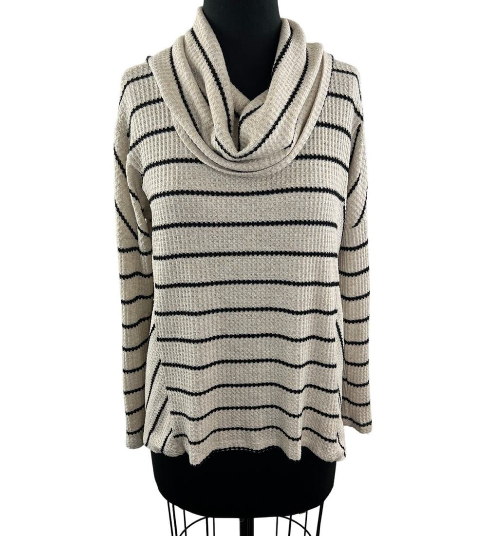 Eri + Ali Sweater Beige Black Cotton Striped Cowl Neck Waffle Knit Size Medium M